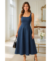 Comprar vestido midi elegante festa casamento feminino decote quadrado alças rodado barato promoção ZARA